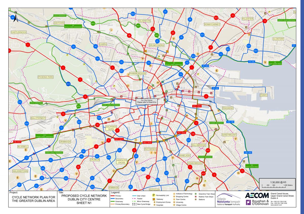 Mapa pasów rowerowych w Dublinie
