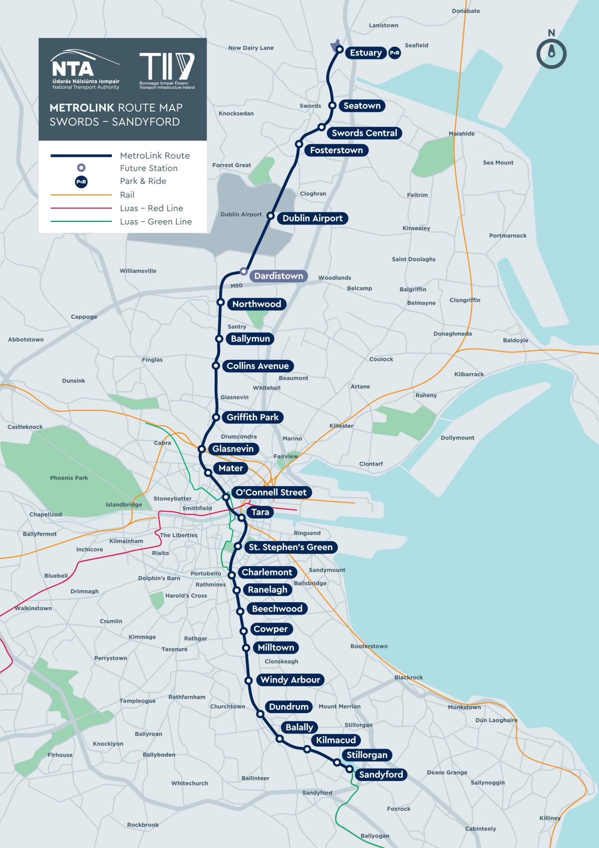 Mapa stacji metra w Dublinie